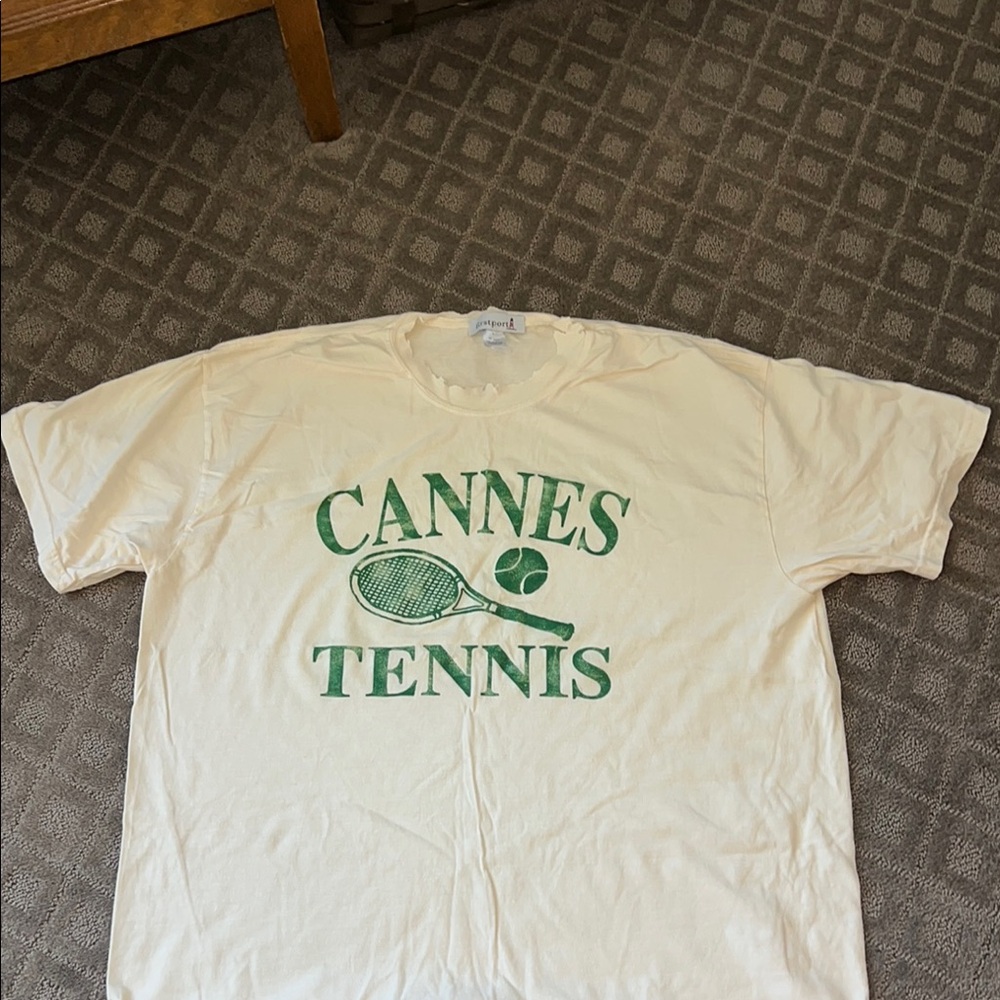 Firstport- Cannes Tennis Graphic T-Shirt in Cream with Green Print